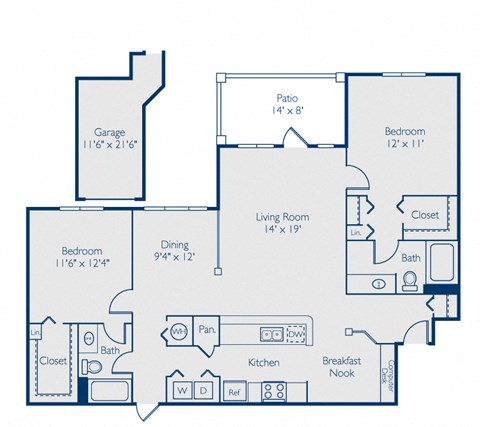 Floor plan for 2 beds, 2 baths, 1303 sqft